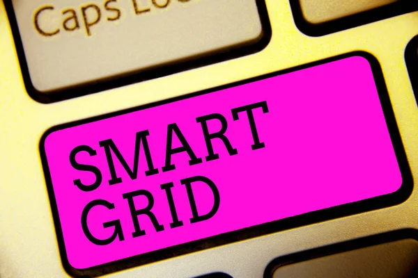 Text sign showing Smart Grid. Conceptual photo includes of operational and energy measures including meters Keyboard purple key Intention create computer computing reflection document.