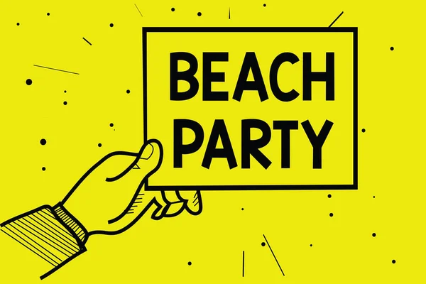Word writing text Beach Party. Business concept for small or big festival held on sea shores usually wearing bikini Man hand holding paper communicating information dotted yellow background