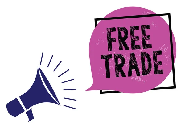 手写文本自由贸易 概念意味着有能力购买和销售自己的条款和手段扩音器扬声器说话大声尖叫框紫色语音气泡 — 图库照片