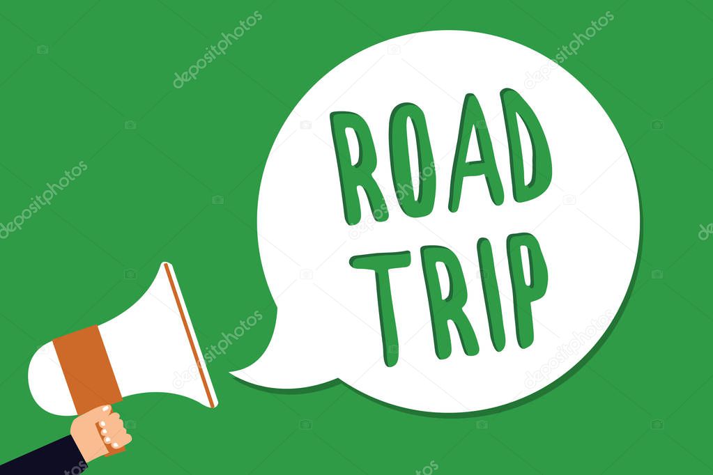Conceptual hand writing showing Road Trip. Business photo showcasing Roaming around places with no definite or exact target location Man holding megaphone loudspeaker screaming green background