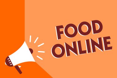 Kavramsal el gösterilen Gıda Online yazma. İş telefonu uygulaması veya Web sitesi megafon hoparlör turuncu arka plan önemli mesaj konuşma kullanarak yiyecek birşeyler soran metin fotoğraf