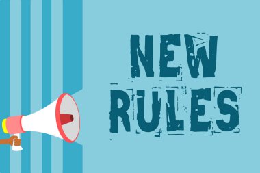 Text sign showing New Rules. Conceptual photo A state of changing an iplemented policy for better upgrade Megaphone loudspeaker blue stripes important message speaking out loud clipart