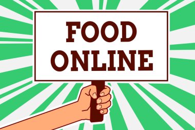 Yiyecek Online gösterilen Not yazma. İş fotoğraf vitrine poster önemli protesto ileti yeşil ray arka planını tutan telefon uygulaması veya Web sitesi adam el kullanarak yiyecek birşeyler soran