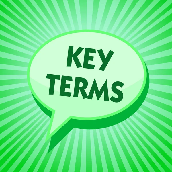 Text sign showing Key Terms. Conceptual photo Words that can help a person in searching information they need Green speech bubble message reminder rays shadow important intention saying