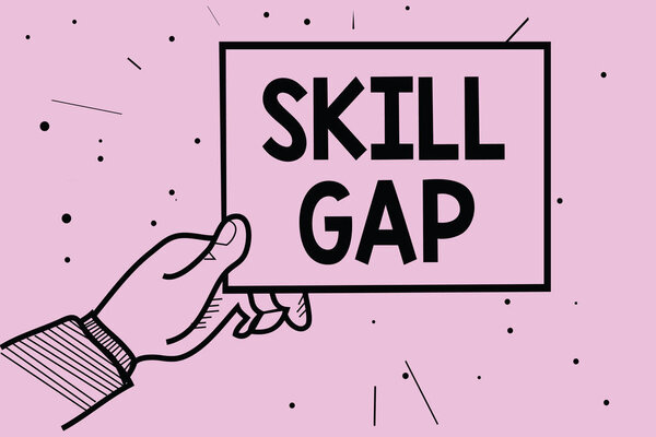 Написание текста Skill Gap. Business concept for Refering to a person 's weakness or limitge of knowlege Man hand holding paper communicating information dotted purple background
