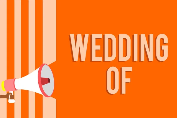 写的笔记显示婚礼 商业照片展示宣布 男人和女人现在结婚夫妇永远扩音器扬声器橙色条纹重要信息大声说话 — 图库照片