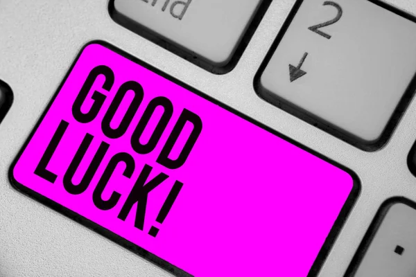 Text sign showing Good Luck. Conceptual photo A positive fortune or a happy outcome that a person can have Keyboard purple key Intention create computer computing reflection document