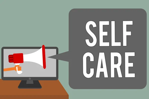 Escrevendo Nota Mostrando Self Care Apresentação Fotos Negócios Conforto Seu — Fotografia de Stock