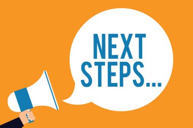 Metin sonraki adımlar yazılı kelime. İş kavramı konaklayacak sonra geçerli bir planlama adam elinde megafon hoparlör konuşma balonu turuncu arka plana çığlık yapılacak işlem gitmek için