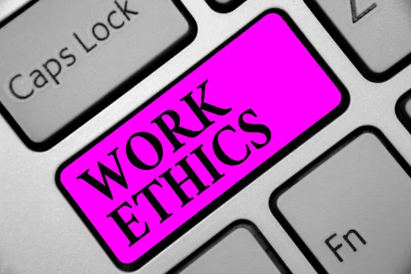 Writing note showing Work Ethics. Business photo showcasing A set of values centered on the importance of doing work Keyboard purple key Intention computer computing reflection document