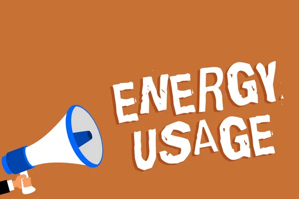 Text sign showing Energy Usage. Conceptual photo Amount of energy consumed or used in a process or system Man holding megaphone loudspeaker orange background message speaking loud