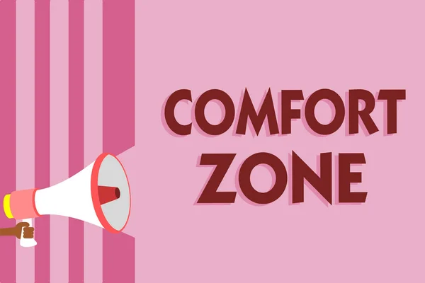 Word writing text Comfort Zone. Business concept for A situation where one feels safe or at ease have Control Megaphone loudspeaker pink stripes important message speaking out loud