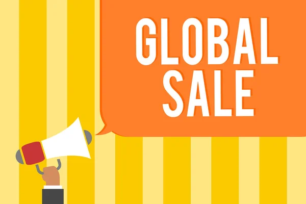 Text sign showing Global Sale. Conceptual photo managers operations for companies do business internationally Man holding megaphone loudspeaker speech bubble message speaking loud