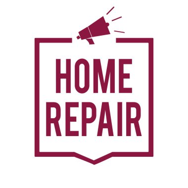 Ana tamir gösterilen metin işareti. Kavramsal fotoğraf bakım veya kendi evini kendi başına önemli bilgiler iletişim araçları megafon hoparlör mor çerçeve kullanarak artırma