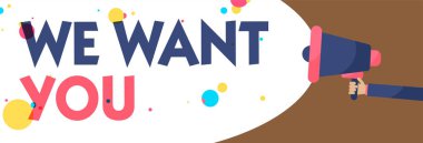 Kavramsal el biz Want You gösterilen yazma. Şirket istiyor Vacancy seyir için yeteneklerini iş istihdam adam kiralamak iş fotoğraf metin renkli konuşma balonu çığlık megafon hoparlör holding