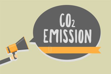 CO2 emisyonu yazma el yazısı metin. Releasing sera gazlarının atmosfere zaman adam içinde anlam kavramı megafon hoparlör konuşma balonu mesajı yüksek sesle konuşan holding