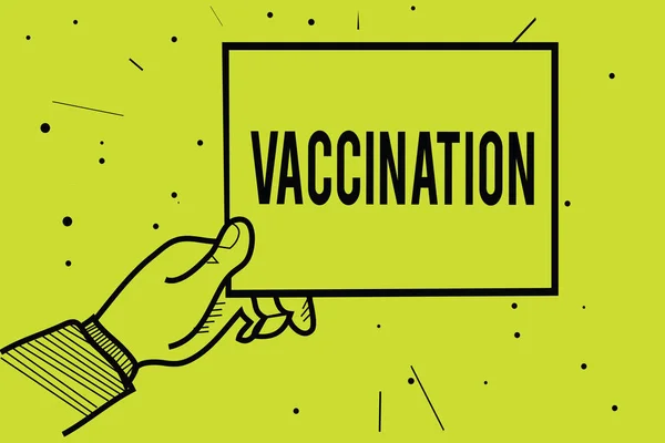 手書きテキスト予防接種 概念の感染男手持ち株紙情報の通信に対して強い体をつくっている治療を意味ドット黄色の背景 — ストック写真