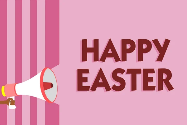 Word writing text Happy Easter. Business concept for Christian feast commemorating the resurrection of Jesus Megaphone loudspeaker pink stripes important message speaking out loud