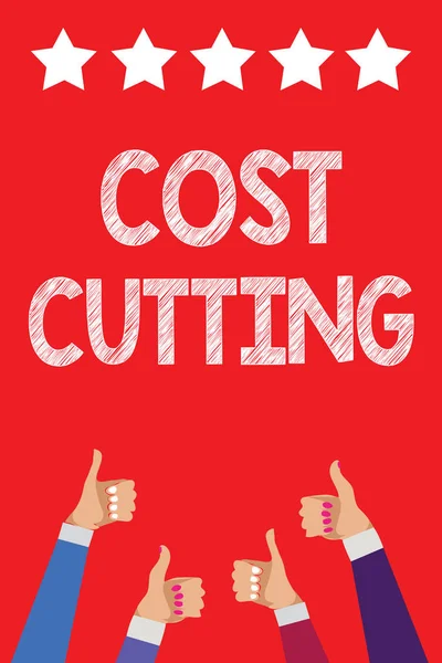 Handwriting text writing Cost Cutting. Concept meaning Measures implemented to reduced expenses and improved profit Men women hands thumbs up approval five stars information red background