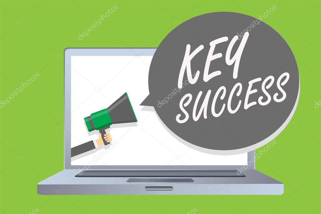 Handwriting text Key Success. Concept meaning generally three to five areas that company may focus on Man holding megaphone loudspeaker speech bubble message speaking loud