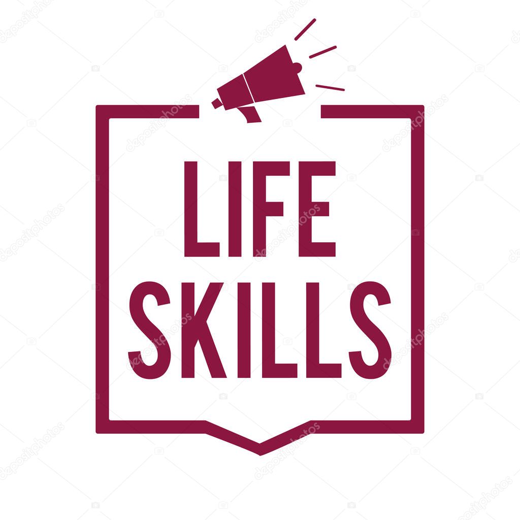 Text sign showing Life Skills. Conceptual photo that is necessary or desirable full participation in everyday Megaphone loudspeaker purple frame communicating important information