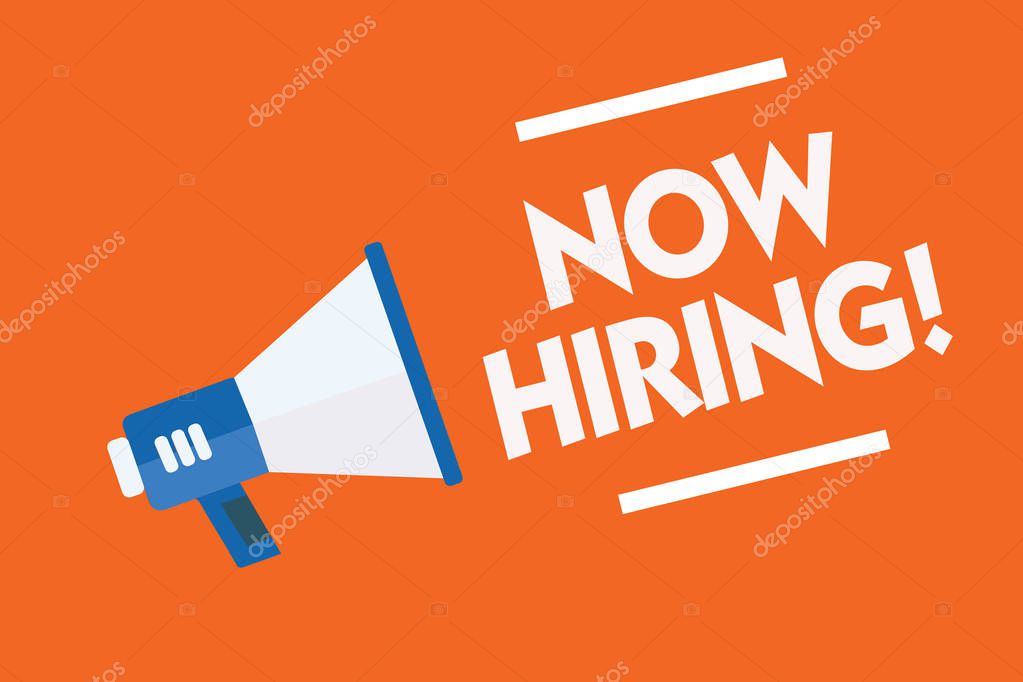 Word writing text Now Hiring. Business concept for announcing that certain company seeking for new talents Megaphone loudspeaker orange background important message speaking loud