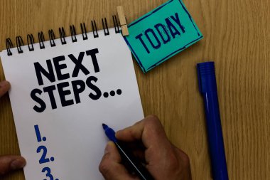 Metin sonraki adımlar yazılı kelime. İş kavramı konaklayacak sonra geçerli bir planlama adam marker defter clothespin hatırlatma ahşap masa fincan kahve tutan yapılacak işlem gitmek için