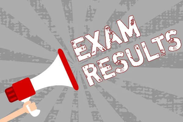 Writing note showing Exam Results. Business photo showcasing An outcome of a formal test that shows knowledge or ability Man holding megaphone loudspeaker grunge orange rays important message