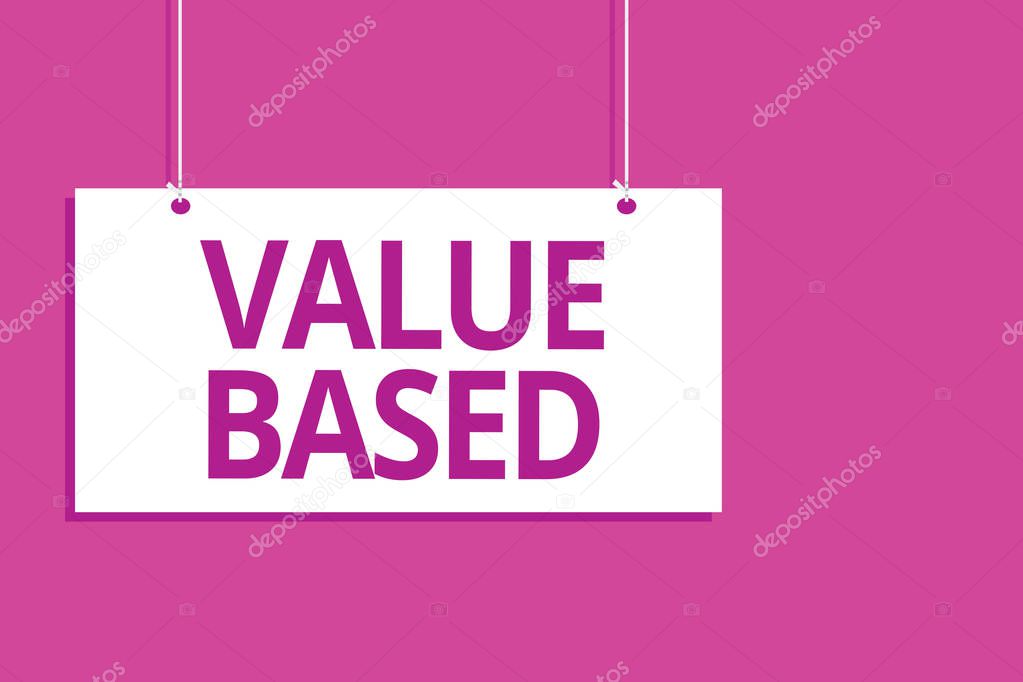 Text sign showing Value Based. Conceptual photo Considering the product worth in satisfying the customer Hanging board message communication open close sign purple background