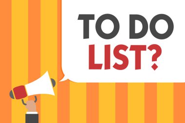 Word metin yapılacaklar listesi soru yazma. İş kavramı öncelik organize yapılacak görev dizi için sipariş megafon hoparlör konuşma balonu mesajı yüksek sesle konuşan tutan adam