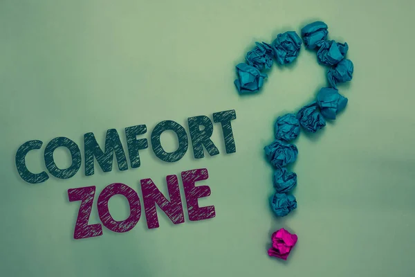 Text sign showing Comfort Zone. Conceptual photo A situation where one feels safe or at ease have Control Crumpled papers forming question mark several tries unanswered doubt