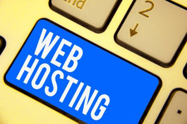 Web Hosting gösterilen metin işareti. Kavramsal fotoğraf depolama alanı ve Web siteleri klavye mavi anahtar için erişim sağlayan faaliyet niyeti bilgisayar bilgi işlem yansıma belge oluşturmak