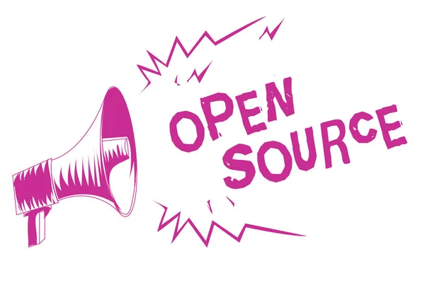Word writing text Open Source. Business concept for denoting software which original source code freely available Purple megaphone loudspeaker important message screaming speaking loud