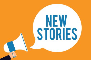 Metin yeni hikayeler yazmaya kelime. İş kavramı sanal veya gerçek kişiler ve olaylar için söyledim eğlence için adam elinde megafon hoparlör konuşma balonu çığlık turuncu arka plan