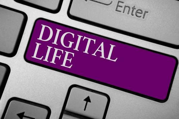 Writing note showing Digital Life. Business photo showcasing Living in a world interconnected through Internet Multimedia Keyboard purple key Intention computer computing reflection document