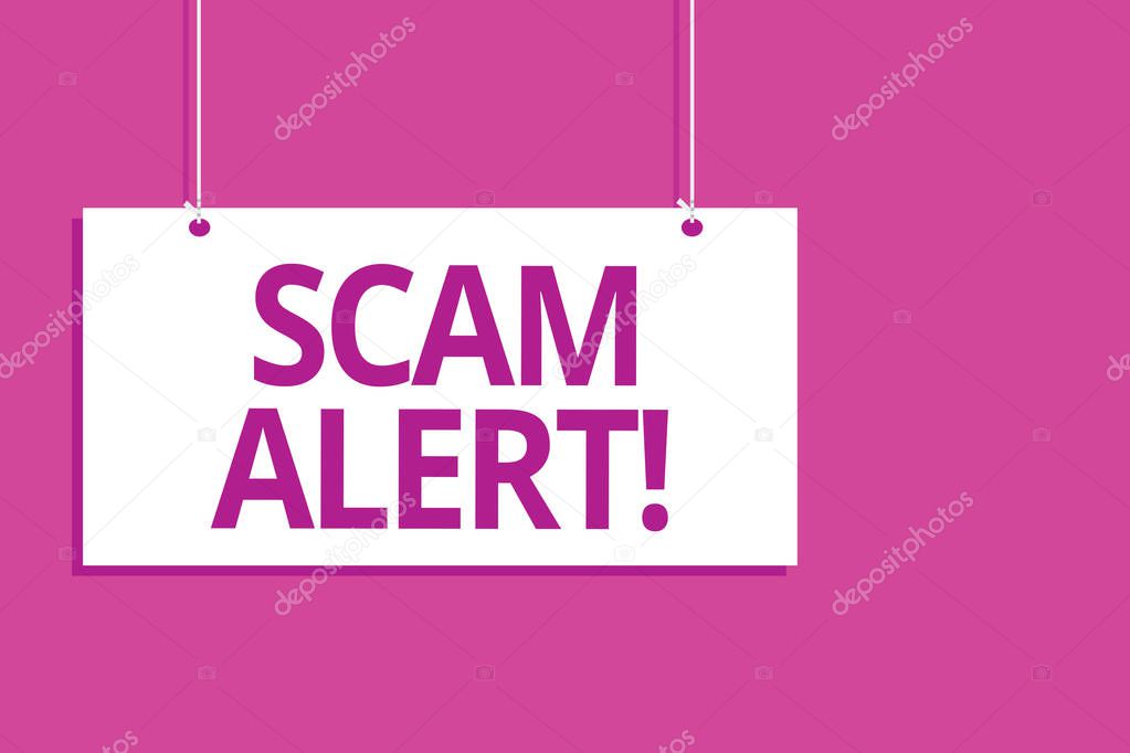 Text sign showing Scam Alert. Conceptual photo warning someone about scheme or fraud notice any unusual Hanging board message communication open close sign purple background