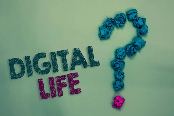 Text sign showing Digital Life. Conceptual photo Living in a world interconnected through Internet Multimedia Crumpled papers forming question mark several tries unanswered doubt