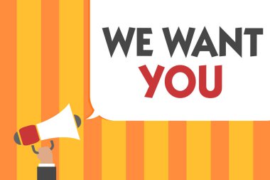 Metin yazma Word istiyoruz. Şirket için iş kavramı istiyor Vacancy seyir için yeteneklerini iş istihdam adam kiralamak megafon hoparlör konuşma balonu mesajı yüksek sesle konuşan holding