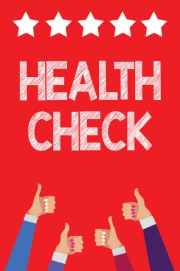 Handwriting text writing Health Check. Concept meaning Medical Examination Wellness and general state Inspection Men women hands thumbs up approval five stars information red background clipart
