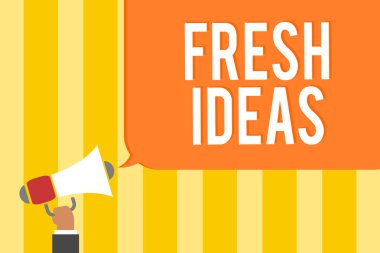 Metin işaret gösteren taze fikirler. Kavramsal fotoğraf düşündüm veya öneri mümkün hareketin adam olarak megafon hoparlör konuşma balonu mesajı yüksek sesle konuşan holding