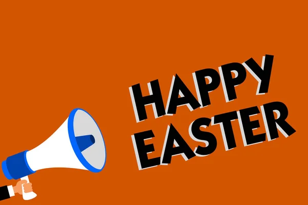 Conceptual hand writing showing Happy Easter. Business photo showcasing Christian feast commemorating the resurrection of Jesus Man holding loudspeaker orange background message speaking