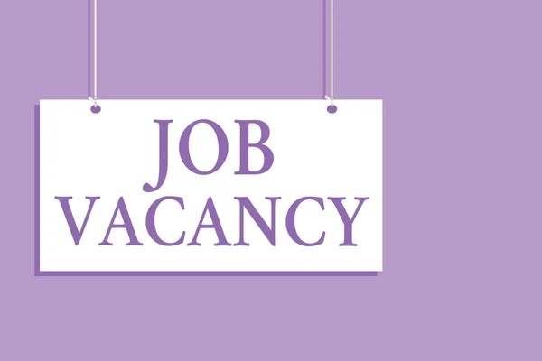 Writing note showing Job Vacancy. Business photo showcasing empty or available paid place in small or big company Hanging board message communication open close sign purple background