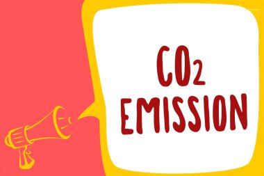 Kavramsal el CO2 emisyonu gösterilen yazma. İş fotoğraf metin Releasing sera gazları atmosfere zaman megafon hoparlör konuşma balonu mesajı yüksek sesle konuşan üzerinde