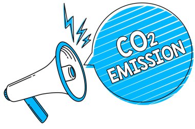 Word yazı metni Co2 emisyonu. İş kavramı Releasing zaman megafon hoparlör mavi konuşma balonu şeritler önemli yüksek sesli mesaj üzerinden atmosfere sera gazı için