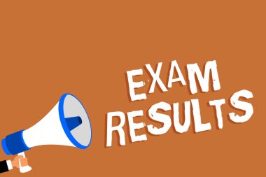 Metin işaret gösteren sınav sonuçları. Kavramsal fotoğraf, bilgi ya da yetenek adam gösterir resmi bir test sonucuna megafon hoparlör turuncu arka plana mesajı yüksek sesle konuşan holding