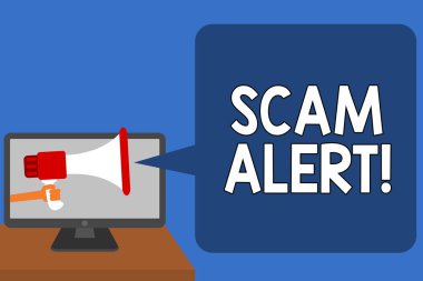 El yazısı metin Scam Uyarısı. Birisi düzenini veya dolandırıcılık hakkında uyarı anlam kavramı megafon hoparlör bilgisayar ekranında konuşma balonu söz tutan herhangi bir olağandışı adam dikkat edin.