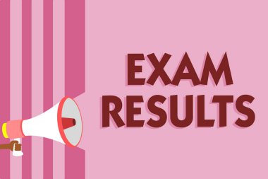 Word writing text Exam Results. Business concept for An outcome of a formal test that shows knowledge or ability Megaphone loudspeaker pink stripes important message speaking out loud clipart
