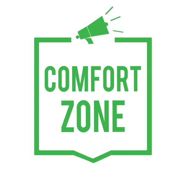 Writing note showing Comfort Zone. Business photo showcasing A situation where one feels safe or at ease have Control Megaphone loudspeaker green frame communicating important information