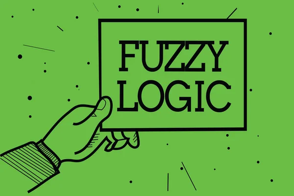 Text sign showing Fuzzy Logic. Conceptual photo checks for extent of dirt and grease amount of soap and water Man hand holding paper communicating information dotted green background