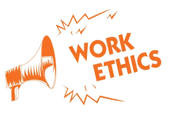 Text sign showing Work Ethics. Conceptual photo A set of values centered on the importance of doing work Orange megaphone loudspeaker important message screaming speaking loud